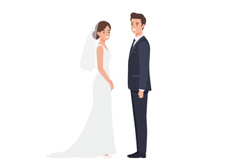 Newlyweds stand sidebyside she wears a veil and gown he a suit both smiling