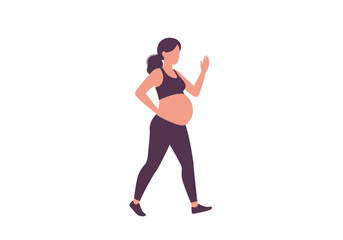 Pregnant woman in sportswear walking and waving