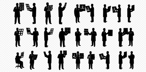 Silhouettes of medical professionals examining X-ray films in various poses.