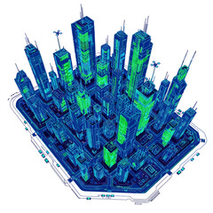 Isometric view of a futuristic city with skyscrapers and detailed architecture.
