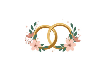 Two gold wedding rings linked together adorned with flowers and foliage on both sides