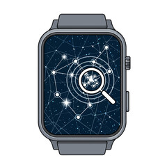 A smartwatch with a magnifying glass analyzing a complex data network on its screen, representing technology and connectivity.