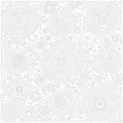 Abstract circuit board pattern with numerous concentric circles and connecting lines in light gray on a white background, representing digital technology.