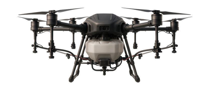 Agricultural drone hovering for crop spraying.