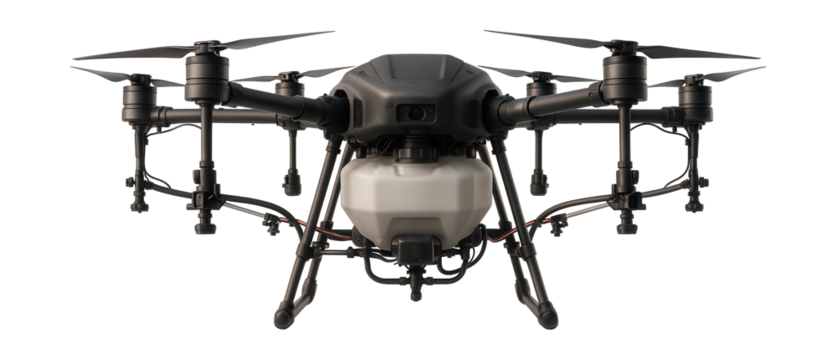 Agricultural drone hovering for crop spraying.