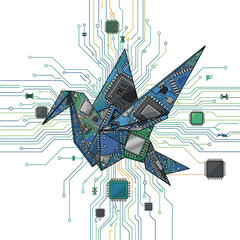 An artistic representation of a paper crane constructed from circuit board components, set against a network backdrop.