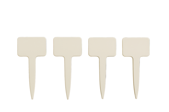 Four beige plant label tags with rectangular tops and pointed ends, isolated on clean white background, concept of plant ID or garden labeling, Ai generative - Powered by Adobe