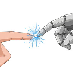 Illustration of a human finger and a robotic hand touching, creating a blue electric spark of connection.