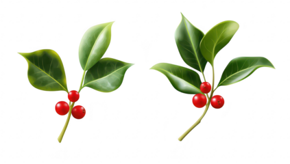 Two holly branches with glossy green leaves and bright red berries. set against a clean white background. ideal for holiday-themed designs and festive decorations