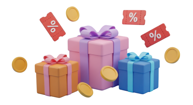 Three gift boxes with coins and discount coupons isolated on a transparent background present