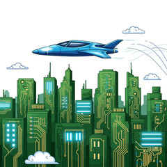 Futuristic city with circuit board buildings and a flying car.