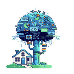 A stylized tree of data and technology grows from a house, symbolizing smart home integration and digital connectivity.