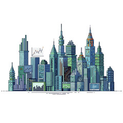 A detailed pixel art illustration of a modern cityscape with various skyscrapers, some featuring financial charts and data displays, representing business and urban development.