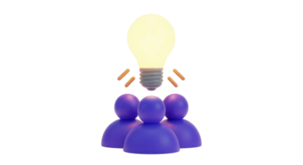 Three purple figures under a glowing light bulb isolated on a transparent background idea teamwork