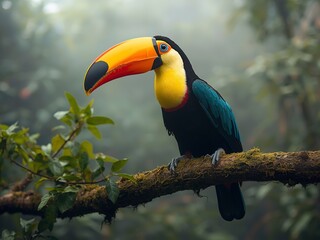 Obraz premium Vibrant toucan perched on a mossy branch in a lush, misty rainforest, showcasing its striking colorful beak and plumage.