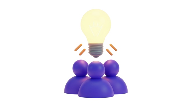 Three purple figures under a glowing light bulb isolated on a transparent background idea teamwork