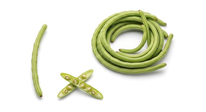 Fresh green yardlong beans whole coiled and chopped isolated on a white background. - Powered by Adobe