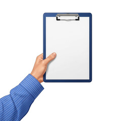 Hand holding a clipboard with blank white paper for notes and ideas isolated on transparent background