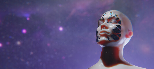 A futuristic humanoid robot with metallic skin and embedded circuits stands still with eyes closed, moments before awakening. The image captures a blend of humanity and advanced technology. © willyam