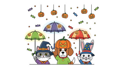 Spooky Halloween: An adorable illustrated gathering of a cat, dog, and rabbit under umbrellas, celebrating a festive and whimsical Halloween season.