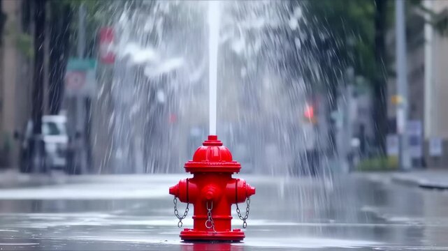 Red fire hydrant spraying water in city street
