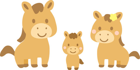かわいい親子の馬のイラスト_四つ足