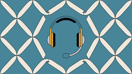 A headset with microphone centered on a blue background with a white abstract pattern overlaying it