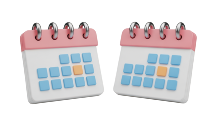 Two 3D cartoon calendars with pink tops and silver rings isolated on a transparent background