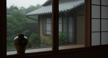 Rainy window view of house with vase