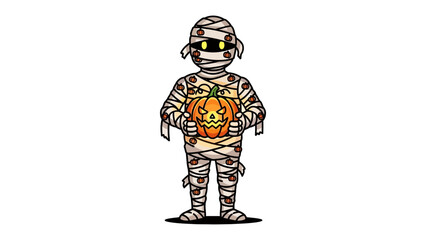 Mummy Holding a Jack-o'-Lantern: A stylized depiction of a mummy, wrapped in bandages, holding a carved pumpkin, epitomizing the eerie charm of Halloween.