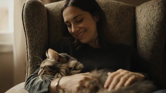 Femme heureuse se relaxant avec son chat