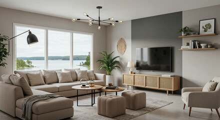 Contemporary living room with lake view, neutral tones, and modern decor