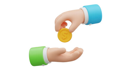 Two cartoon hands exchanging a gold coin isolated on a transparent background money exchange
