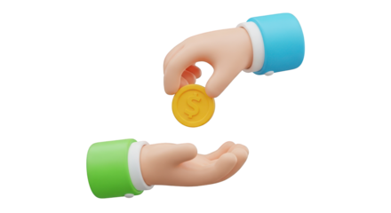 Two cartoon hands exchanging a gold coin isolated on a transparent background money exchange