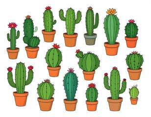 Collection of cartoon cacti in pots
