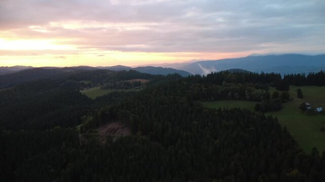 aerial view of a beautiful mountain landscape, czech, beskydy, autumn morning, evning, sun, 
