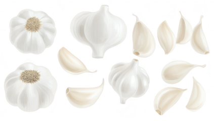 A collection of realistic garlic bulbs and cloves displayed artistically on a white background. their textures and shapes. ideal for culinary or health-related content