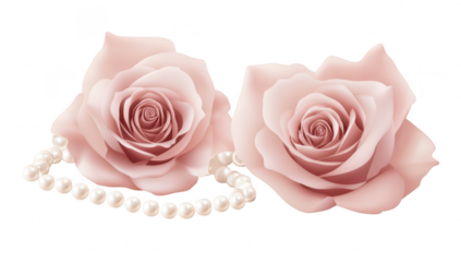 Two delicate pink roses adorned with a string of elegant pearls. set against a soft white background. creating a romantic and sophisticated atmosphere suitable for various design projects
