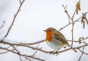 Fototapeta premium European Robin perched on snowy winter tree branch