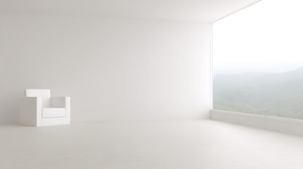 Obraz premium armchair. Sleek living room featuring a single chair by a large window, with natural light and blurred outdoor greenery. lifestyle magazines.