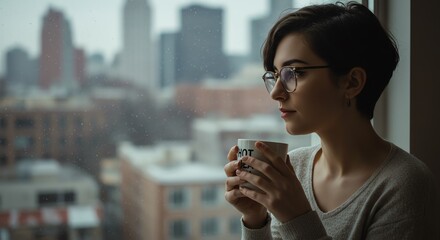 Woman looking out window holding coffee cup