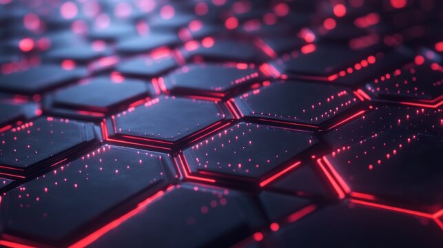 Abstract hexagonal grid with red neon lights, futuristic technology background.