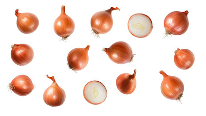 A collection of fresh red onions. whole and halved. arranged artistically on a clean white background. their color and texture. perfect for culinary or food-related use