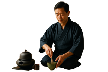 Man in traditional clothing practicing tea ceremony, clean closeup style, isolated on white background. Concept of culture and mindfulness. Ai generative
