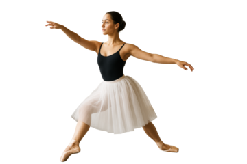 Female ballet dancer in mid-pose wearing classic outfit, isolated style on white background. Concept of elegance, culture and movement. Ai generative