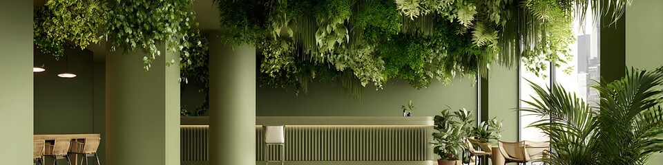 Fototapeta premium Modern wellness space with layered greenery and soft olive color palette