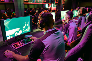 Gamers are actively engaged in competitive play at a vibrant esports venue that is full of excitement and energy
