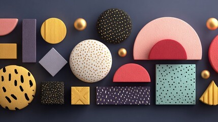3D Textured Geometric Shapes Composition: Pastel Pink, Yellow, Teal, and Vibrant Hues with Gold Spheres, Speckled Patterns, and Matte Surfaces for Modern Graphic Design and Decorative Elements