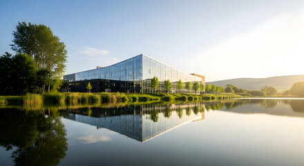Modern Glass Building Reflecting on Calm Lake Water at Sunset