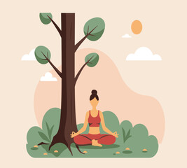 Vector art of a serene woman meditates peacefully beneath a blossoming tree, finding inner peace and tranquility in a natural setting, surrounded by gentle hills and floating clouds, embodying mindful